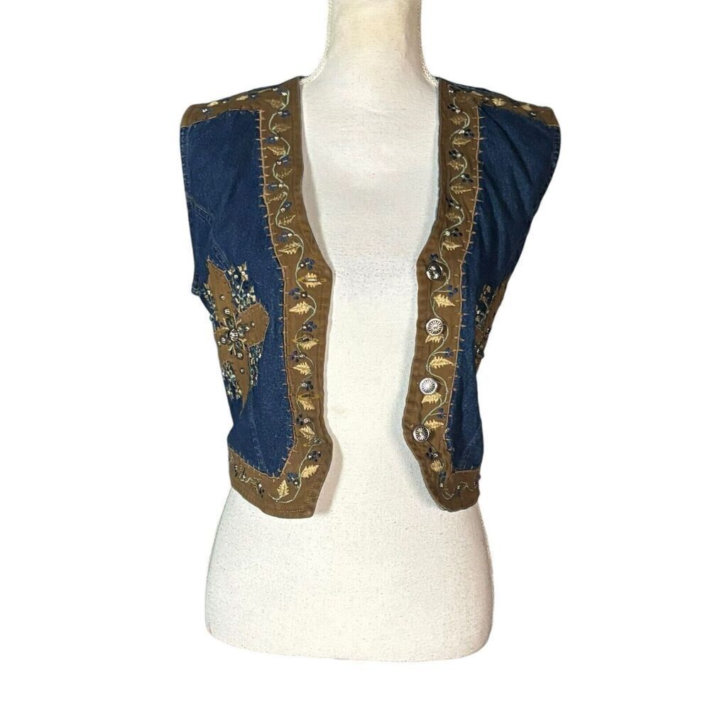 Studded Western Sleeveless Cropped Vest Size Medium Cross Blue Boho Festival - Picture 10 of 13